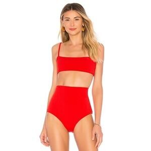 Mara Hoffman Sia Red Ribbed Straight Neck Bikini Swimsuit Top Size Small
